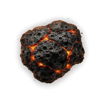 Molten rock fragment glowing with internal heat and cracked surface isolated on transparent background