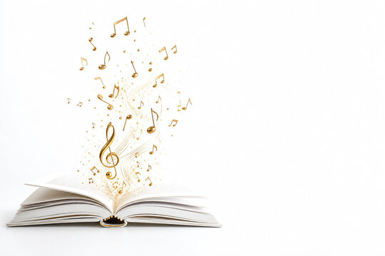 Open book releasing golden music notes concept melody creativity white background
