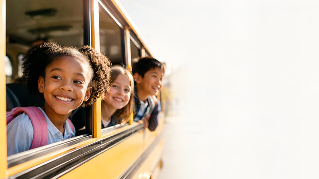 Children smiling from yellow school bus window