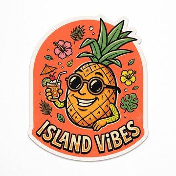 Retro Tiki Pineapple Character Sticker with Sunglasses and Island Vibes Text, Vintage 60s Hawaiian Style