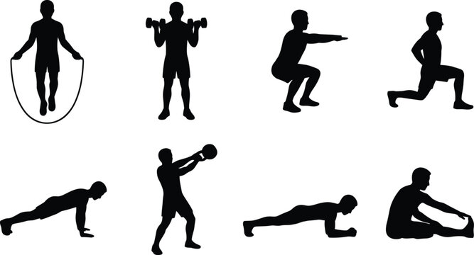 Black silhouettes of men exercising with jump rope dumbbells and bodyweight exercise fitness workout