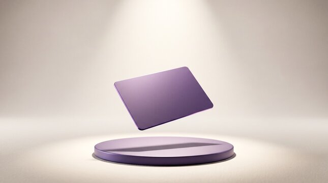 Matte Purple Card Above Minimal Podium with Dramatic Spotlight, Premium Fintech 3D Product Render