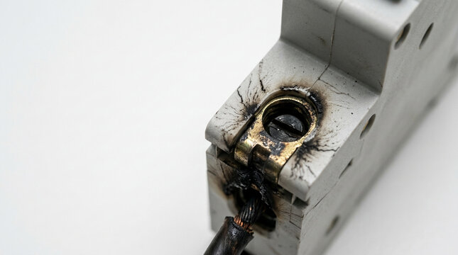 Circuit breaker terminal showing black carbon tracking damage