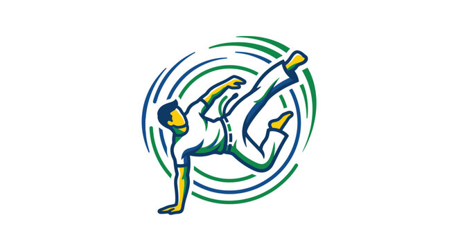 Dynamic Capoeira Fighter Performing Acrobatic Kick in Circular Green and Blue Swirls