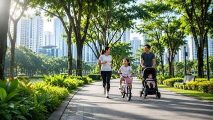 Naklejka premium Happy family jogging, cycling, and strolling in a lush urban park surrounded by modern buildings, promoting outdoor recreation, wellness, and healthy city living.