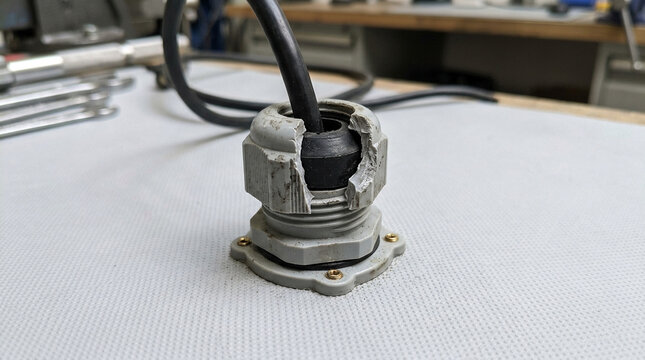 Fractured plastic cable gland exposing internal rubber seal