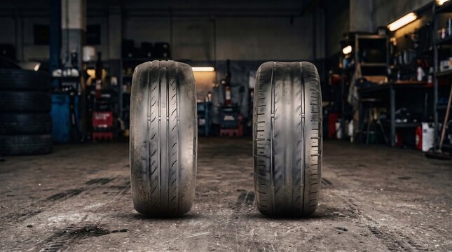 Front View of Car Tire with Bald Center Tread and Worn Rubber Pattern, Automotive Safety Product Photography