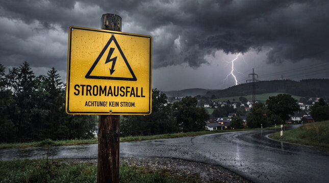 Power outage warning sign lightning storm dark sky wet road rural landscape electricity hazard caution sign thunder cloud outage sign storm warning