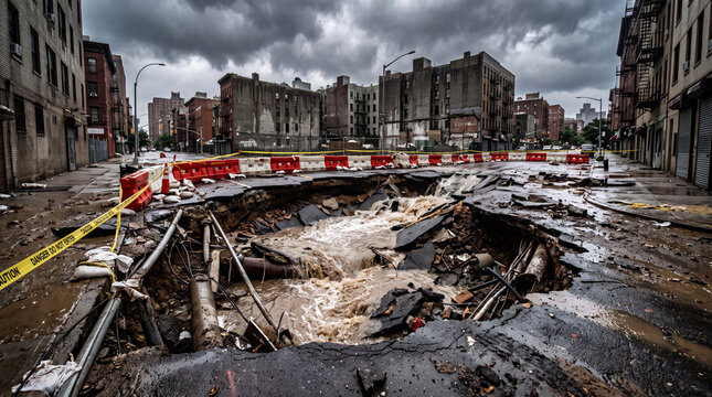 Damaged city street flood storm sinkhole collapse debris water road urban destruction