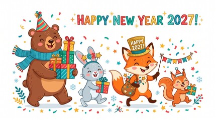 Fototapeta premium Happy New Year 2027 cute cartoon animals carrying gifts with confetti on white background.