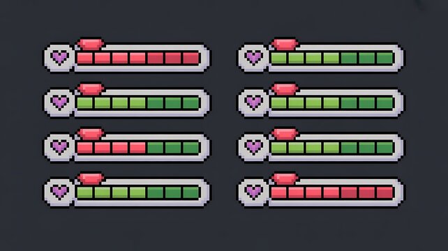 8-bit pixel art red and green rpg game life progress bar set 