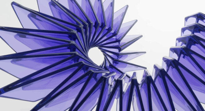 Abstract geometric spiral structure made of translucent purple glass plates