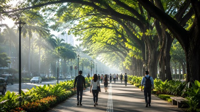 People walking beneath lush tropical trees along a wide urban boulevard with morning sunlight, promoting healthy lifestyle, walkable city design, and clean air environment.
