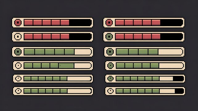8-bit pixel art red and green rpg game life progress bar set 