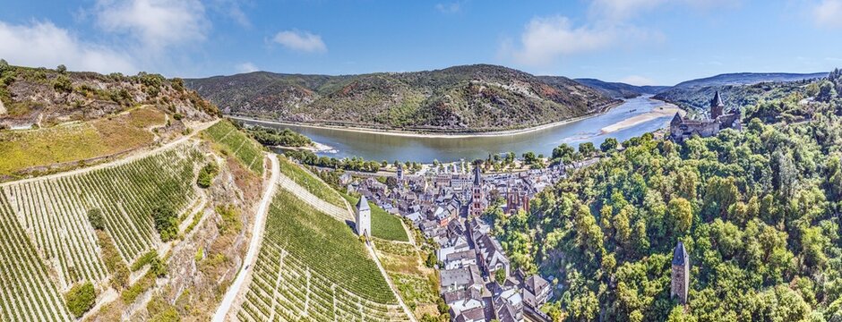 Aerial Panorama of Bacharach and Stahleck Castle in the Upper Middle Rhine Valley