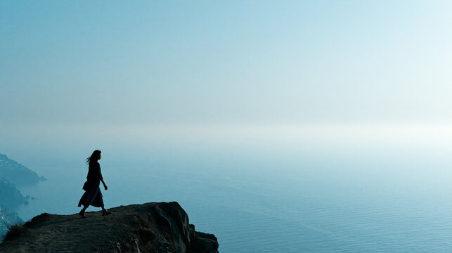Woman Standing on Cliff Overlooking Vast Ocean