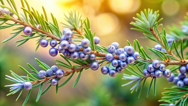 A delicate sprig of lavenderhued leaves and twisted silver berries adorn a slender young fir branch in summer