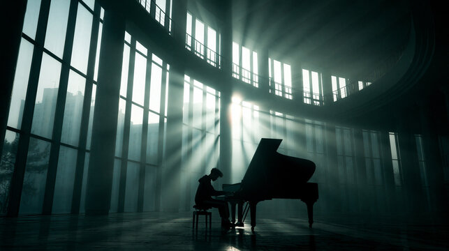Pianist Performing Solo in Modern Concert Hall with Dramatic Light