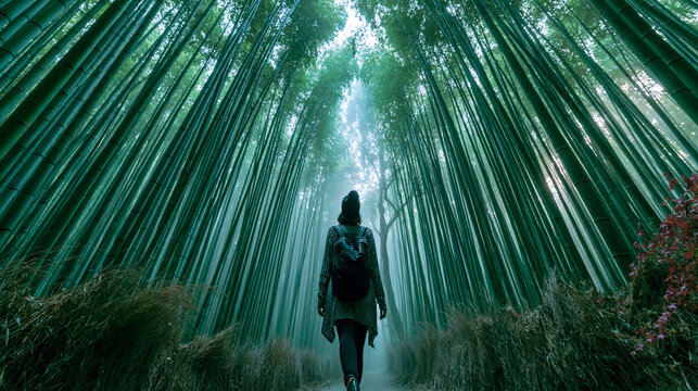 Woman Hiking Through Serene Bamboo Forest Trail