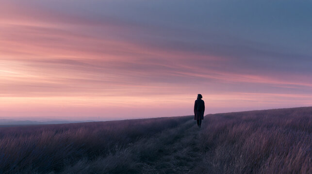 Solitary Figure Walking Through Empty Field at Dusk