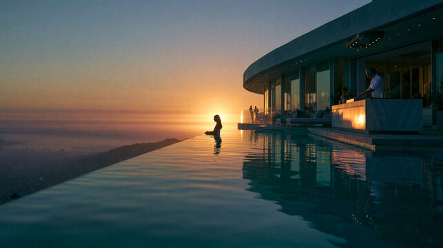 Woman Swimming in Infinity Pool at Sunset with Modern Architecture