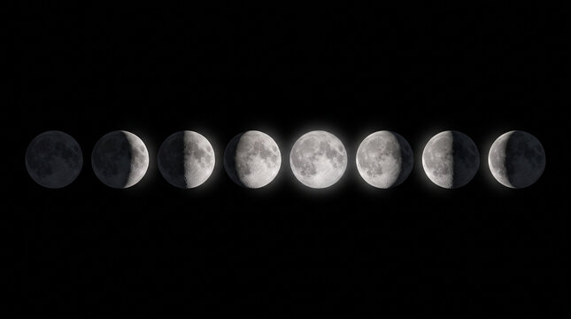 Dise&ntilde;o hiperrealista y minimalista mostrando las ocho fases lunares perfectamente alineadas sobre un fondo negro elegante, iluminaci&oacute;n suave, composici&oacute;n limpia con amplio espacio para texto.