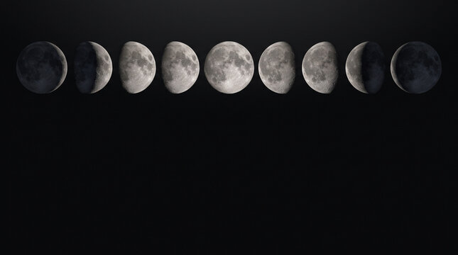 Dise&ntilde;o hiperrealista y minimalista mostrando las ocho fases lunares perfectamente alineadas sobre un fondo negro elegante, iluminaci&oacute;n suave, composici&oacute;n limpia con amplio espacio para texto.
