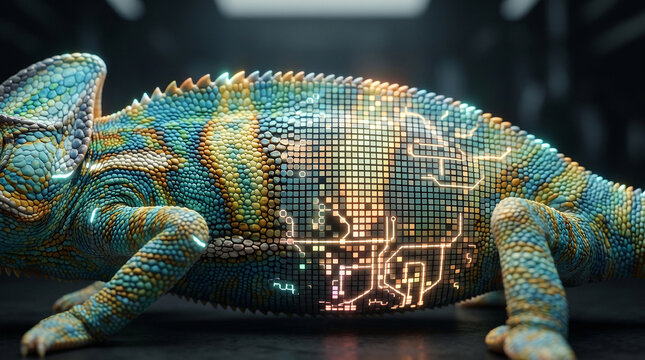 Chameleon skin morphing into adaptive electronic display macro nature technology next generation device concept