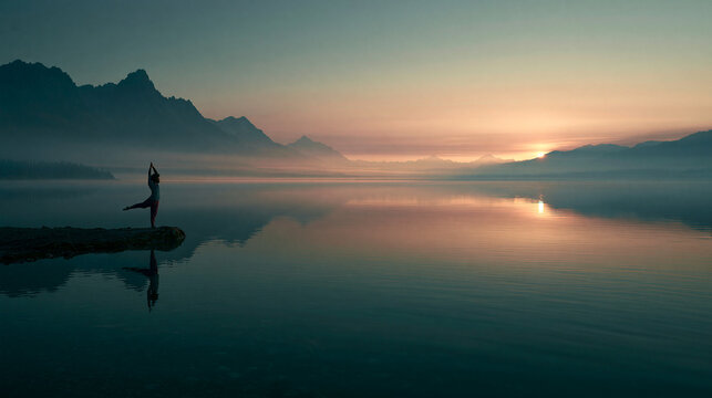 Woman Practicing Yoga at Sunrise by Mountain Lake