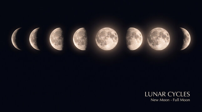 Dise&ntilde;o hiperrealista y minimalista mostrando las ocho fases lunares perfectamente alineadas sobre un fondo negro elegante, iluminaci&oacute;n suave, composici&oacute;n limpia con amplio espacio para texto.