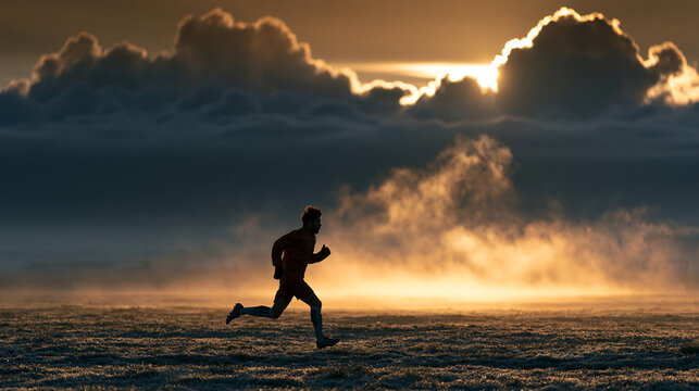 Runner Sprinting Across Desert at Sunset