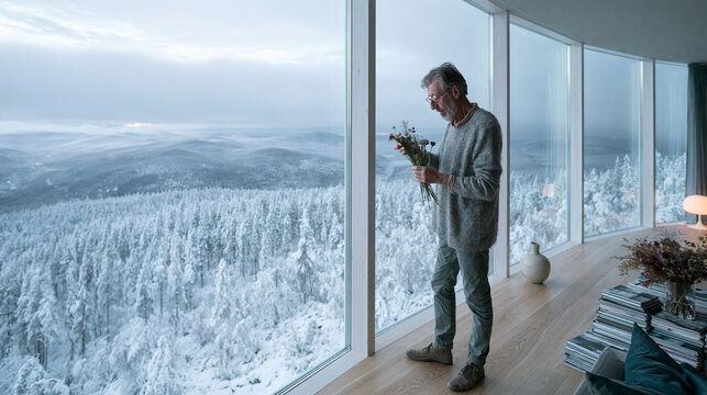 Man Holding Flowers Gazing at Snowy Forest Landscape
