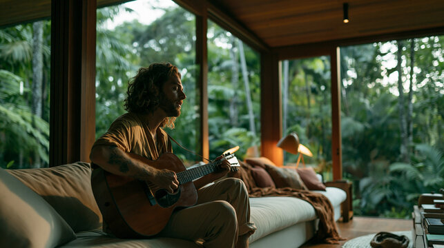 Musician Playing Acoustic Guitar in Modern Tropical Home