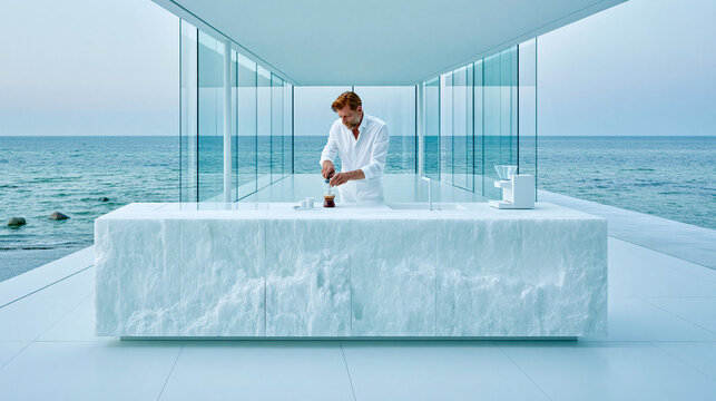 Bartender Preparing Cocktail in Minimalist Seaside Bar