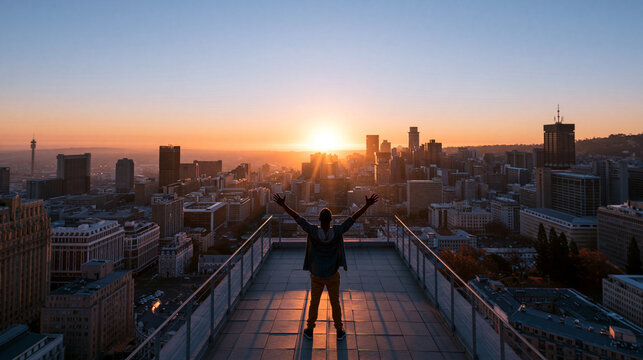 Young Adult Celebrating Success on Urban Rooftop at Sunrise