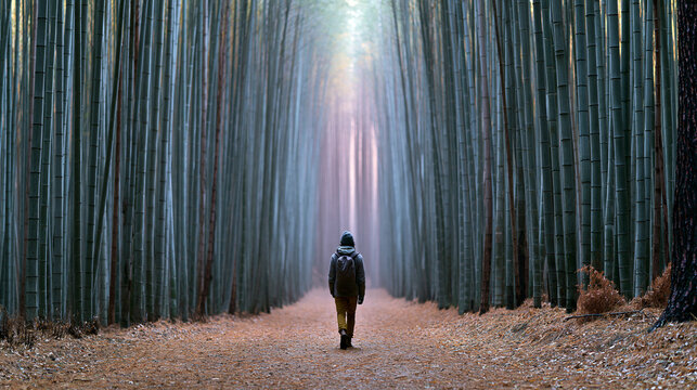 Solitary Hiker Walking Through Bamboo Forest Path