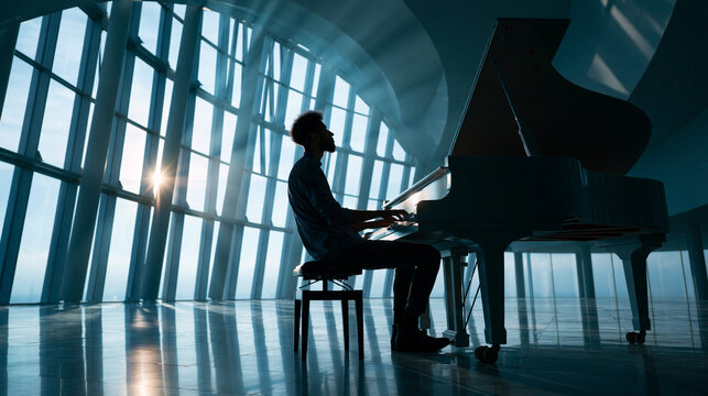 Silhouette of Pianist Playing Grand Piano by Modern Windows
