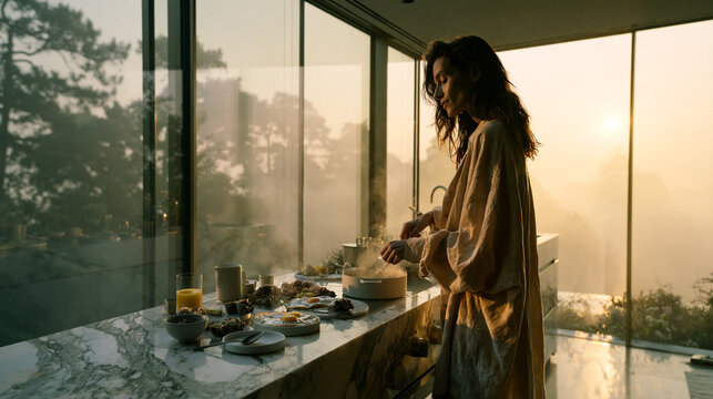 Woman Enjoying Breakfast by Misty Window at Sunrise