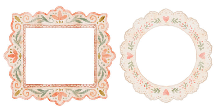 A decorative painted watercolor folk floral frame set features a scalloped circle and square border template with romantic pink hearts, peach flowers, and pastel botanical foliage