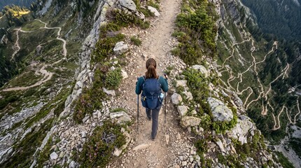 Fototapeta premium Woman hiker with backpack and poles walks on a narrow mountain trail with steep drop off and winding path below
