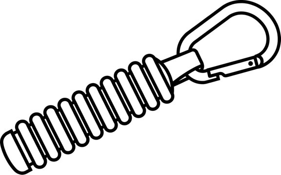 Black and white illustration of a coiled spring attached to a carabiner clip for outdoor gear and climbing equipment