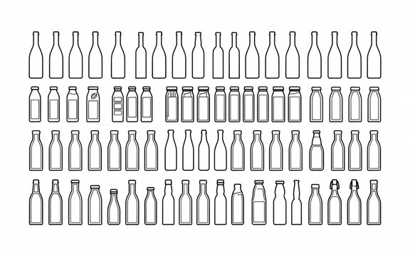 Collection of various bottle shapes and designs illustrated in simple line art style with transparent background