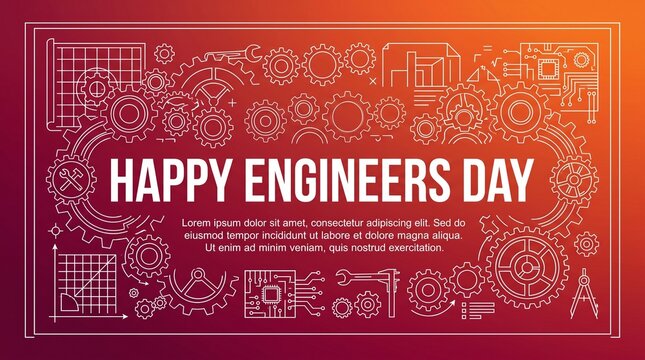 Happy Engineers Day Vector Banner with Industrial Gears and Engineering Blueprints | Linear Icon Graphic on Orange Gradient Background