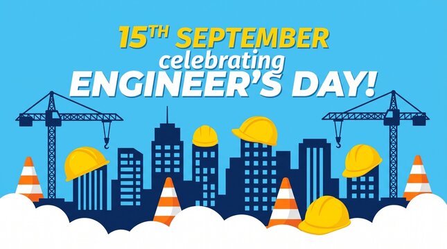 Happy Engineers Day 15th September Vector Background Banner with City Skyline, Construction Cranes, Safety Helmets, and Traffic Cones