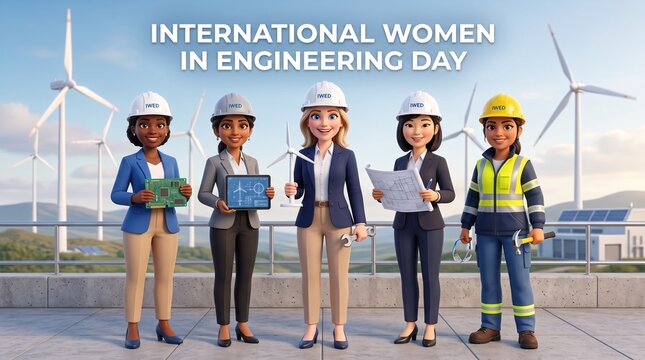 International Women in Engineering Day Banner Vector Illustration with Diverse Female Engineers, Hardhats, Blueprints, Circuit Board, and Wind Turbines Background