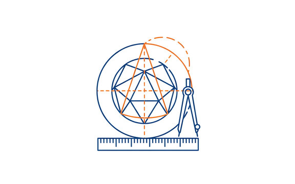 Geometric Construction Illustration Showing Circle Inscribed Pentagon and Angle Measurement With Protractor