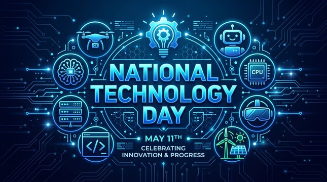 National Technology Day May 11 Vector Concept Banner - Artificial Intelligence, Robotics, Circuit Board, Renewable Energy, and Digital Innovation Graphic Illustration