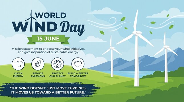 World Wind Day Banner Vector Concept with Windmills, Clean Renewable Energy, Eco Friendly Sustainable Power, and Global Environment Day Poster Design (15 June)