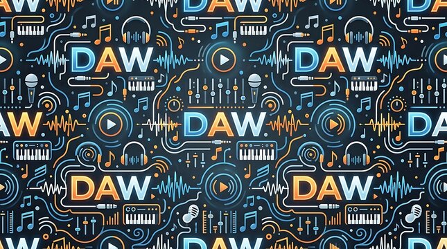 Digital Audio Workstation seamless pattern with music production icons and sound wave elements on dark background