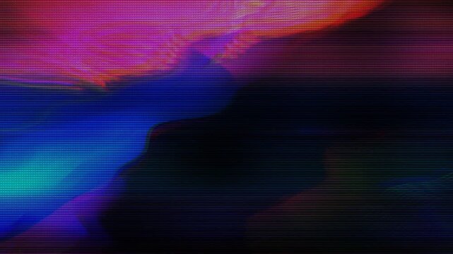 Abstract indigo and crimson glitch with rgb split and scanline distortion scanning across dark background. Looping digital corruption texture suits cyberpunk poster and cinematic music video workflow.